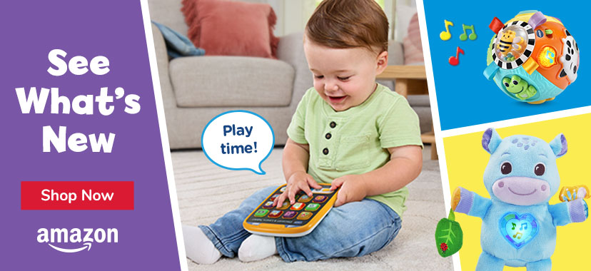 See What's New; Shop Now button; Amazon logo; little boy playing with tabet; Play time! callout; Moove Activity ball; Hugh a hippo toy