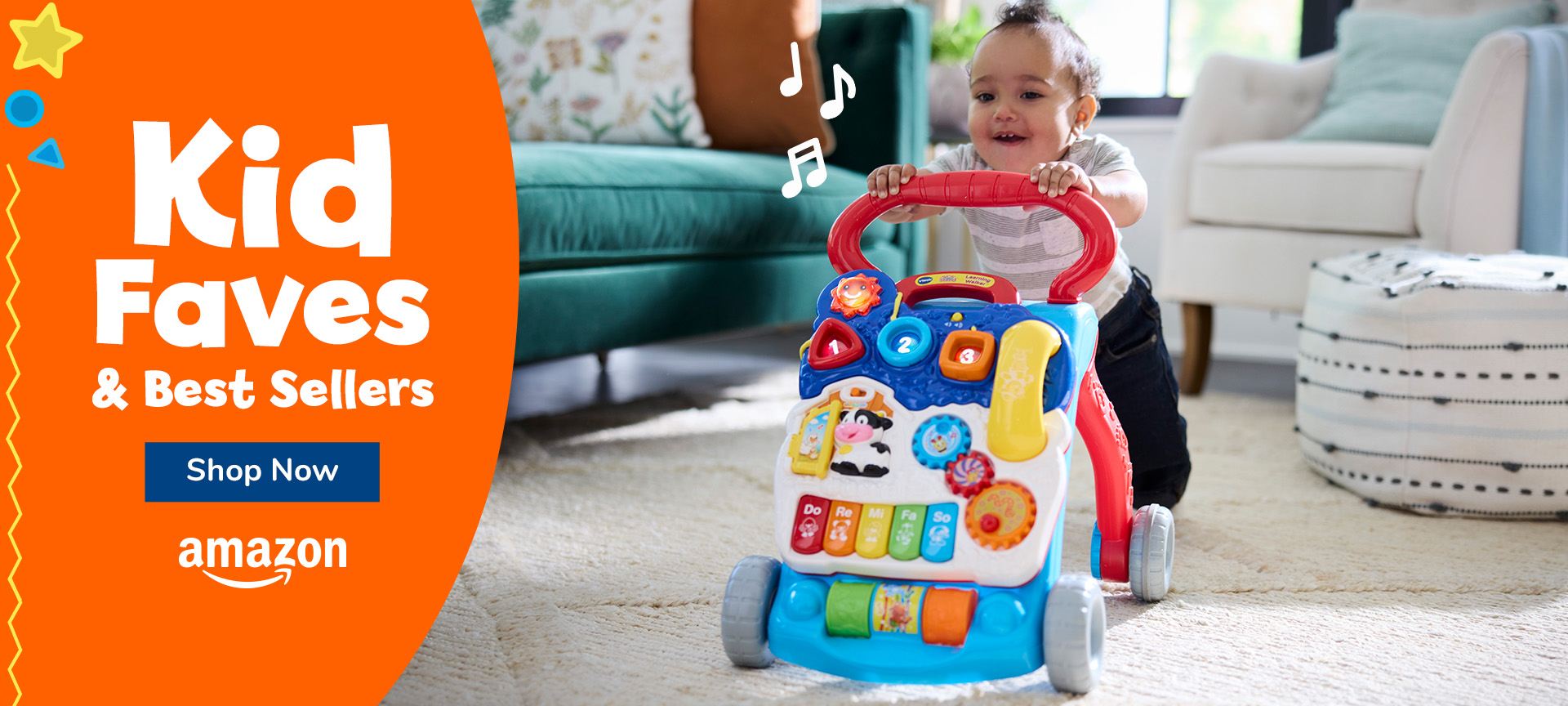 Bestsellers, Learning Favorites; Shop Now; Amazon logo; child playing with walker; musical notes
